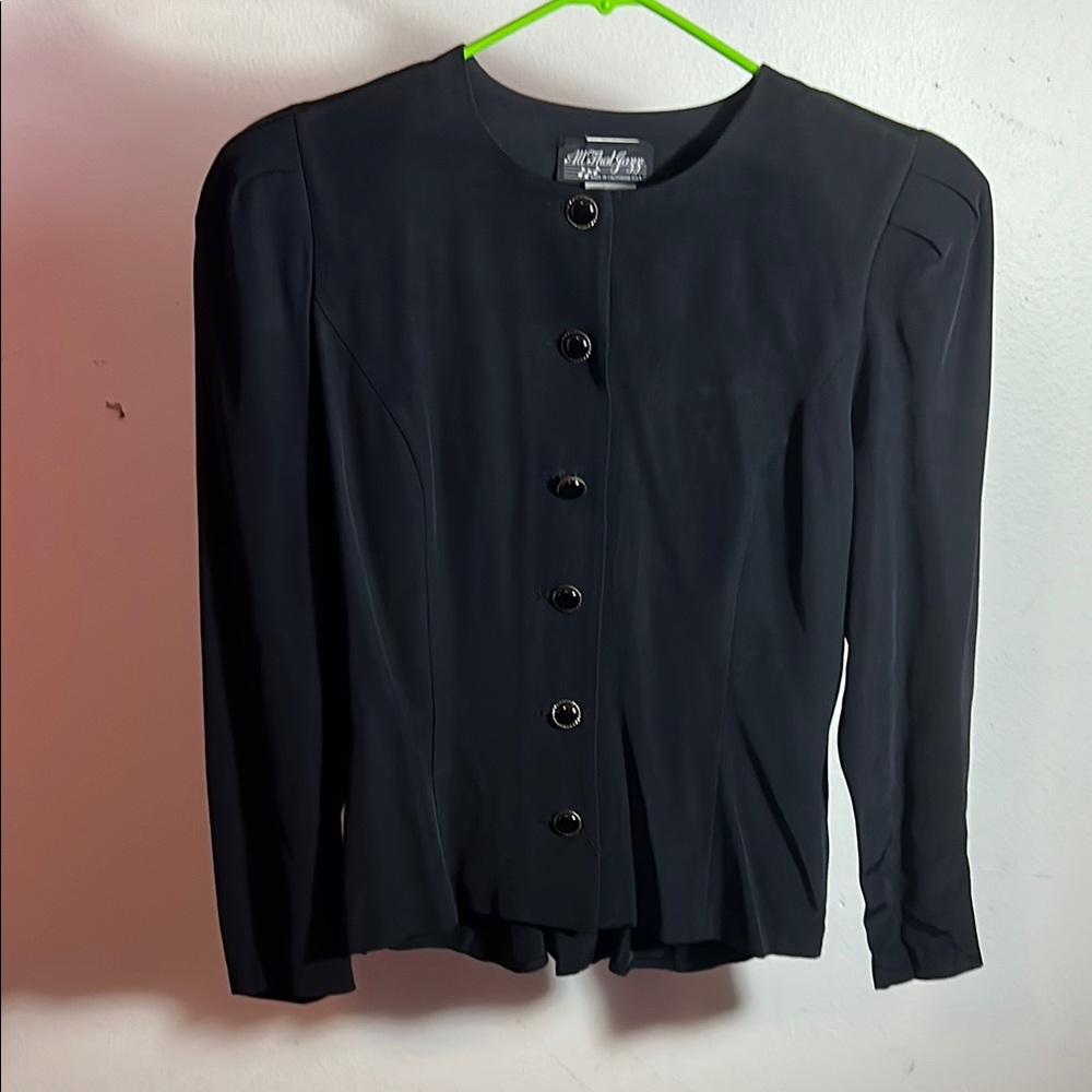 Vintage 90s All That Jazz Peplum Black Button-Up Blazer Shirt Bow 11/12